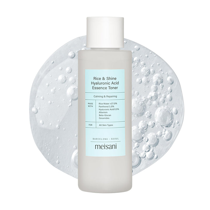 Meisani front bottle showing Rice & Shine toner and hydration benefits