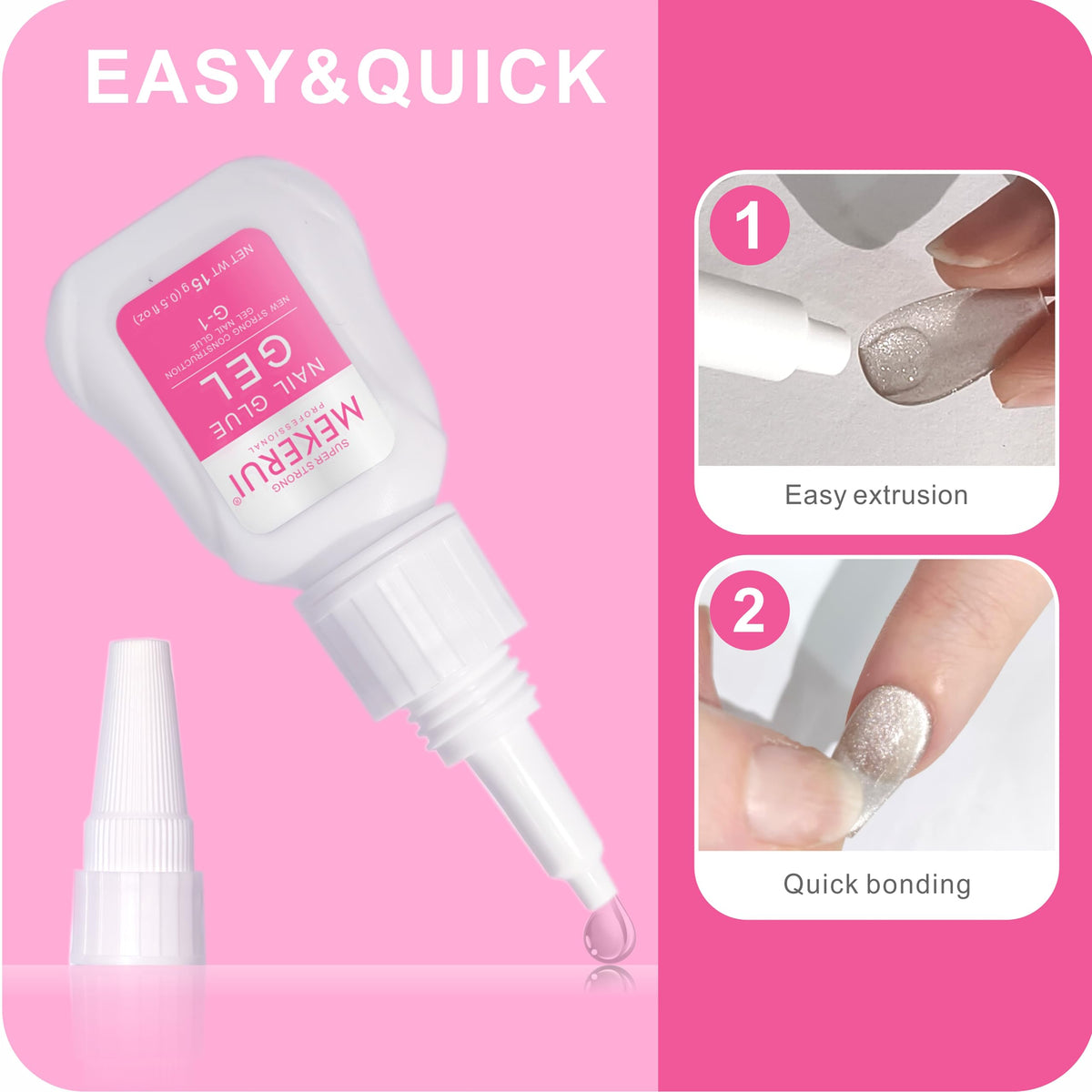 MEKERUI G-1 glue dropper closeup demonstrating precise, fast-setting adhesive benefit