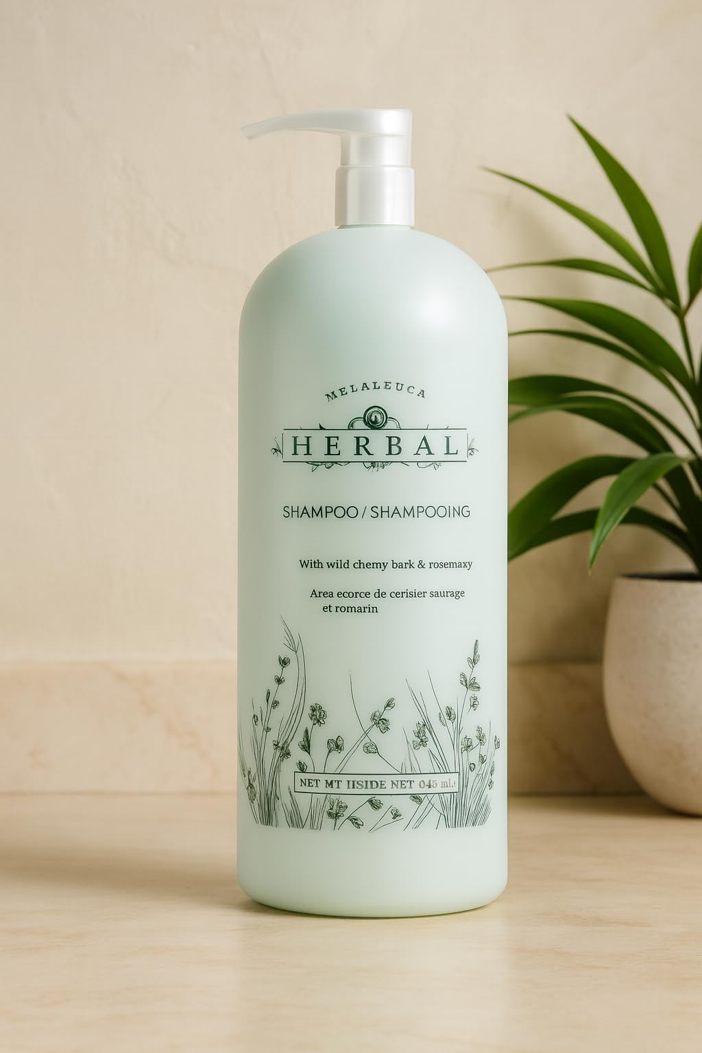 Melaleuca Herbal Shampoo front packaging showing label and size, conveys savings