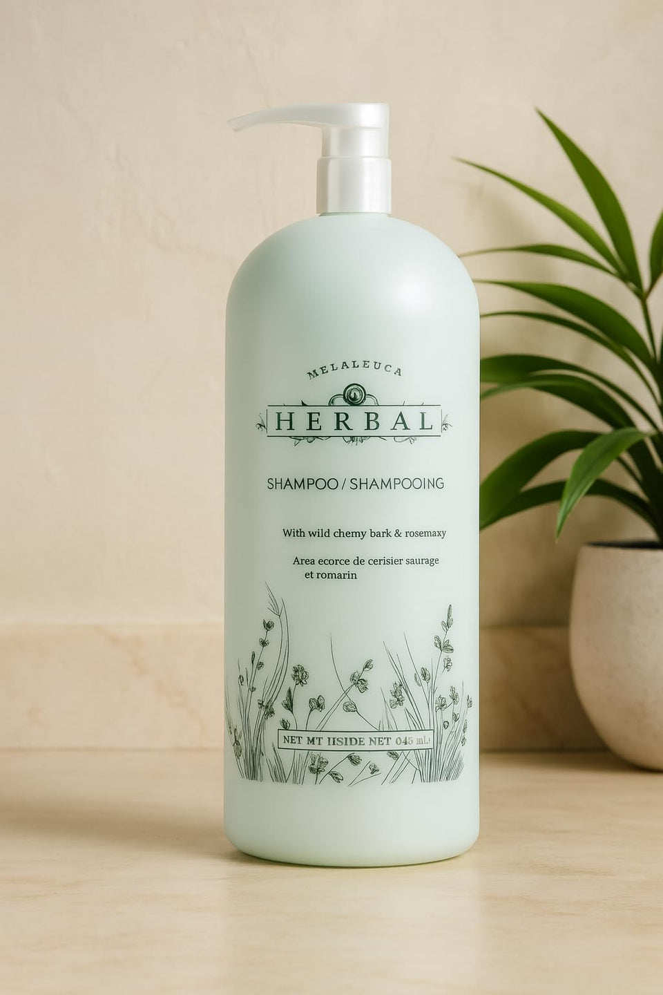 Melaleuca Herbal Shampoo front packaging showing label and size, conveys savings