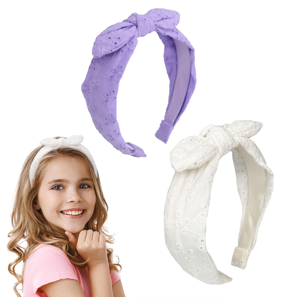 Melbelia front view of purple and white headbands showing color pair and packaging benefit of set versatility