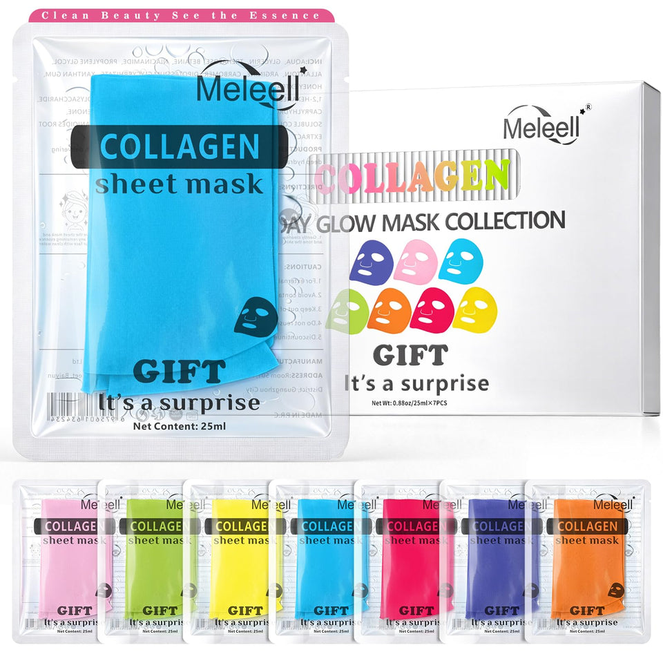 Meleell front packaging showing the seven individually wrapped collagen masks and elegant box design