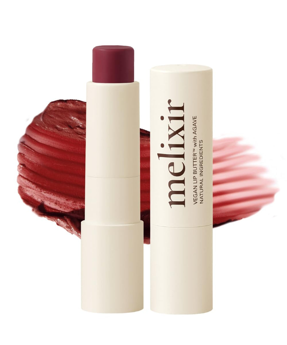Melixir lip butter front packaging showing Autumn Rain shade and clean branding benefit