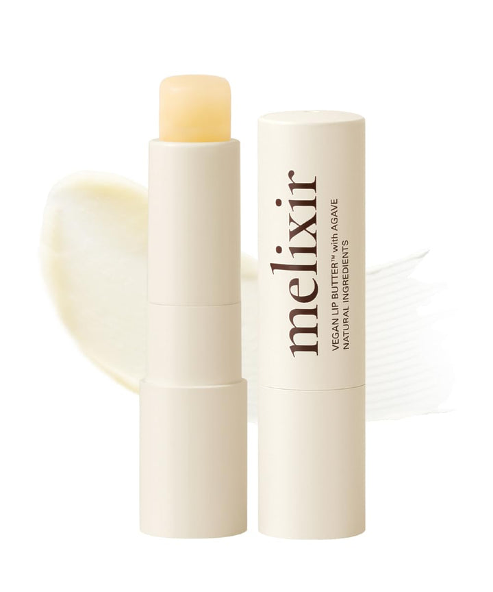 Melixir lip butter front packaging showing shade and sleek tube, conveys clean formula