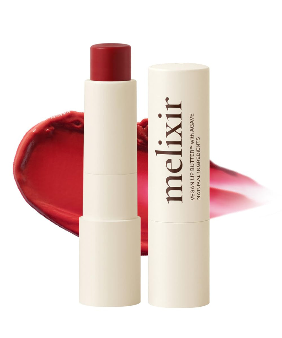 Melixir lip butter front view of stick showing Red Velvet shade and travel-ready design for quick hydration