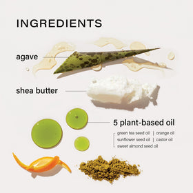 Melixir lip butter ingredients display with shea and agave highlighting plant-based nourishment