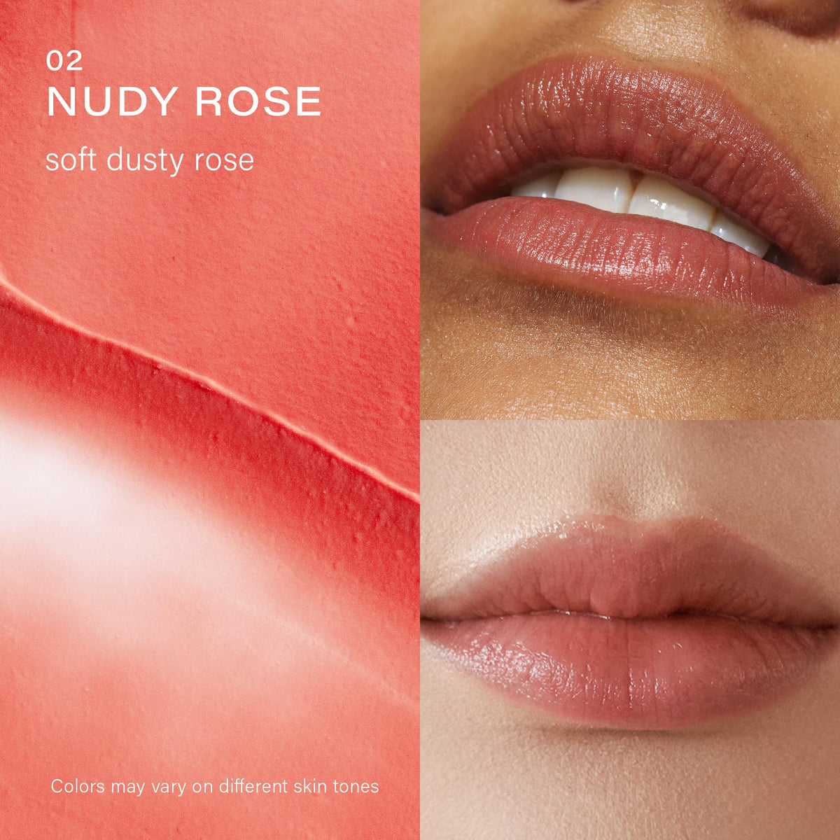 Melixir lip butter swatch on hand demonstrating Nudy Rose tint and natural look