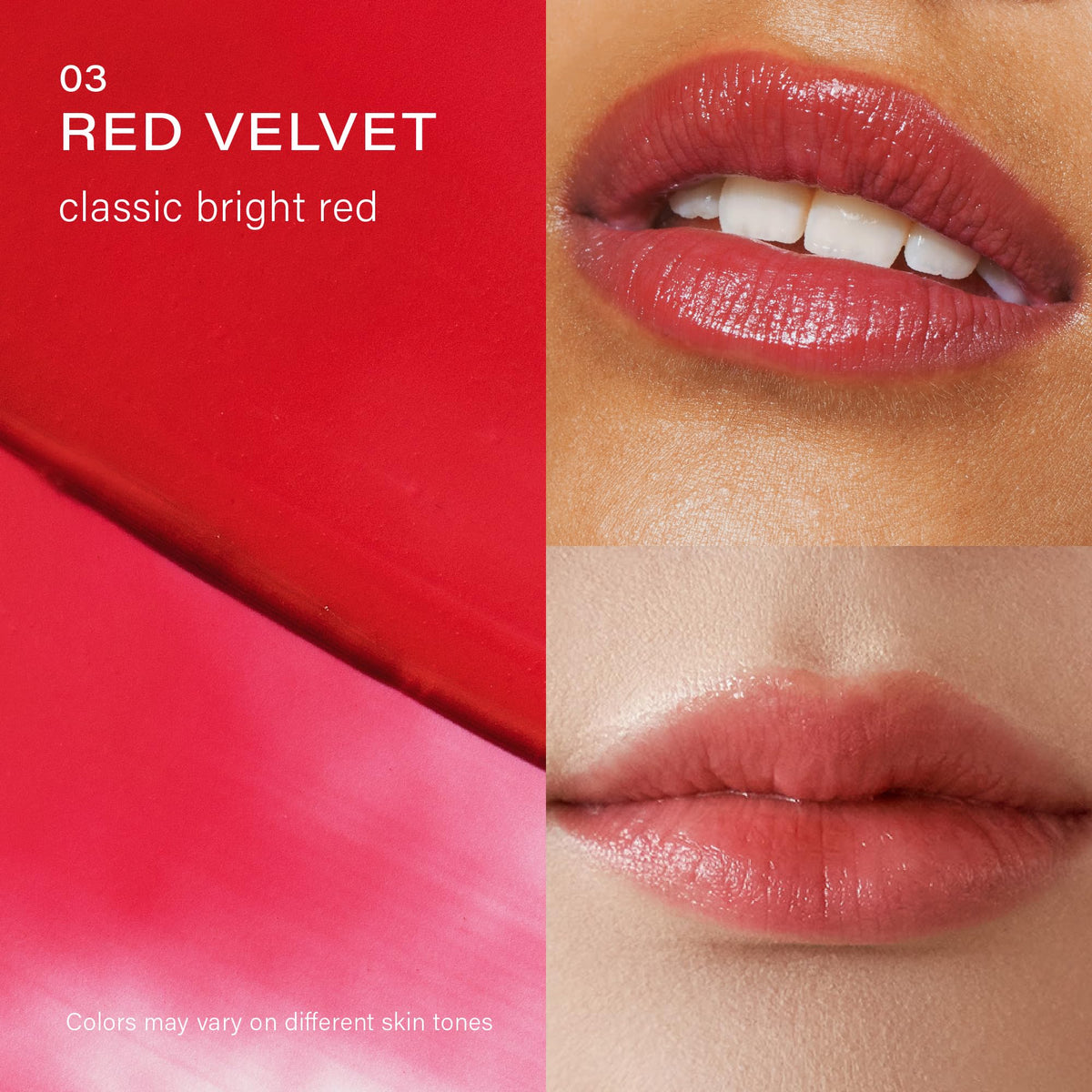 Melixir lip butter applied on model lips displaying sheer Red Velvet tint and natural finish