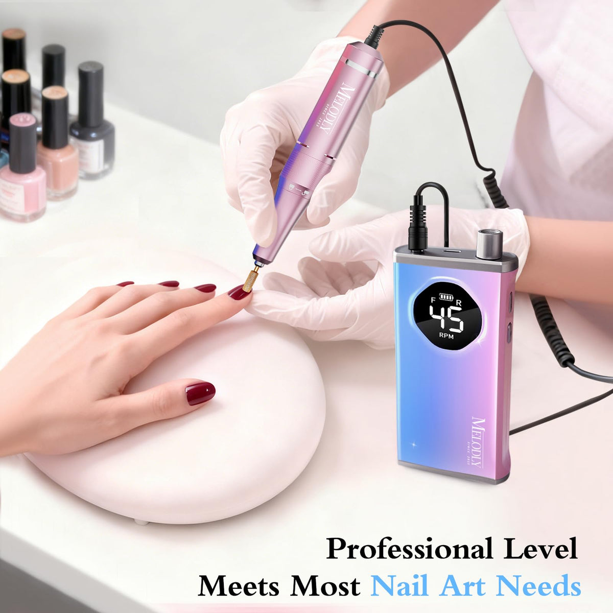 Melodly belt clip and product beside hand showing scale for easy portability