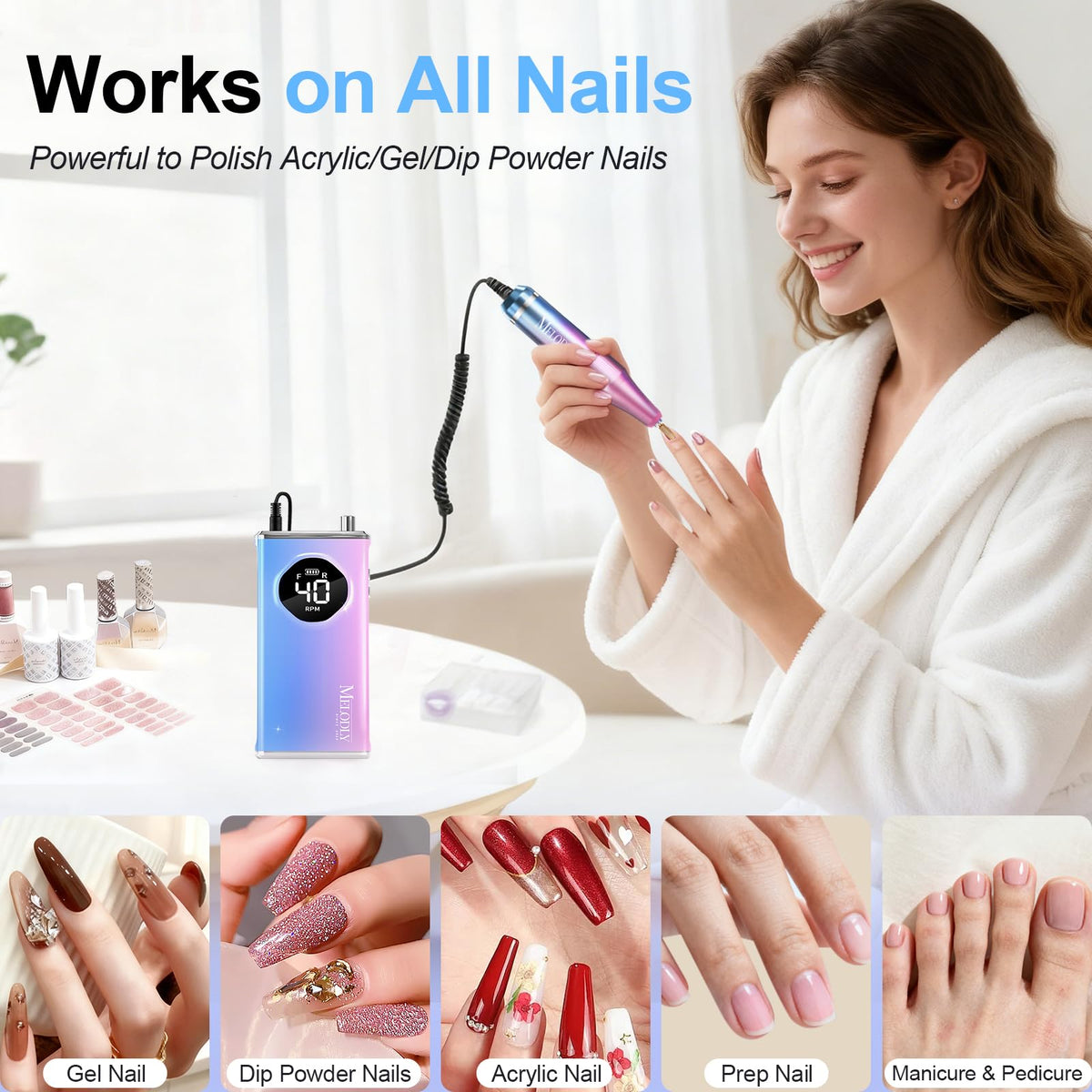 Melodly in use by a manicurist demonstrating precise shaping benefit