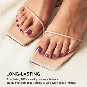 MelodySusie applying wine red toe strip on a toe demonstrating quick, neat placement