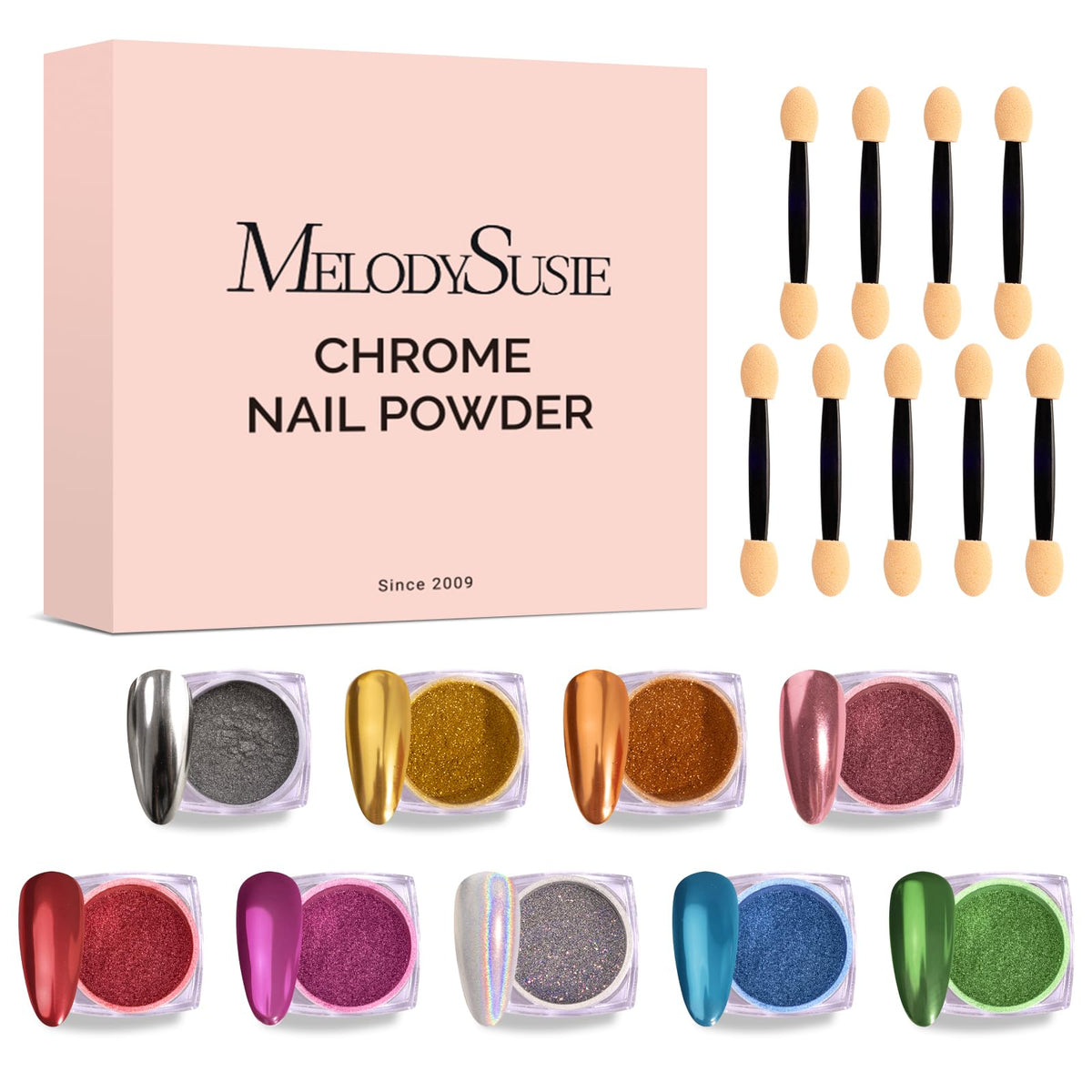 MelodySusie chrome powder kit shown top-down with all nine colors, perfect for variety