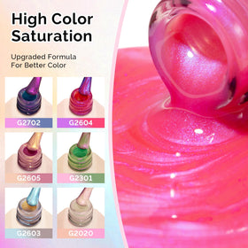 MelodySusie color swatches lined up displaying iridescent white green pink purple blue