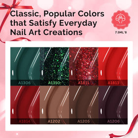 MelodySusie eight gel bottles laid out demonstrating rich glossy colors