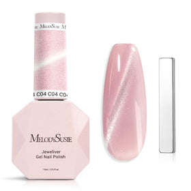 MelodySusie front bottle shot showing holographic pink gel and included magnet for instant effects