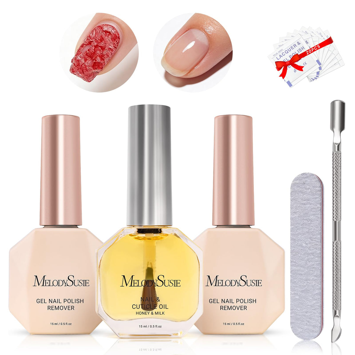 MelodySusie kit front packaging showing complete remover set benefits