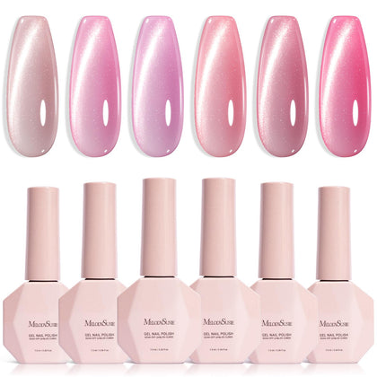 MelodySusie front packaging showing six cat eye gel bottles and magnet for versatile looks