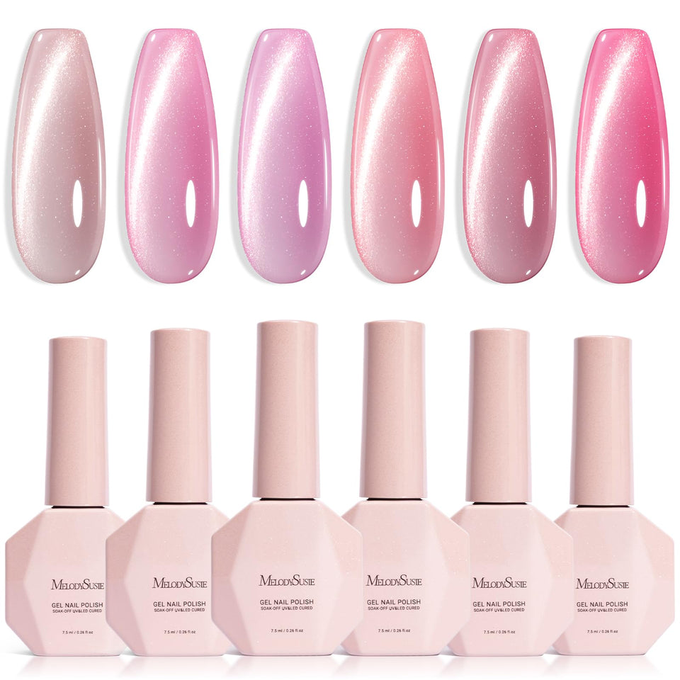 MelodySusie front packaging showing six cat eye gel bottles and magnet for versatile looks
