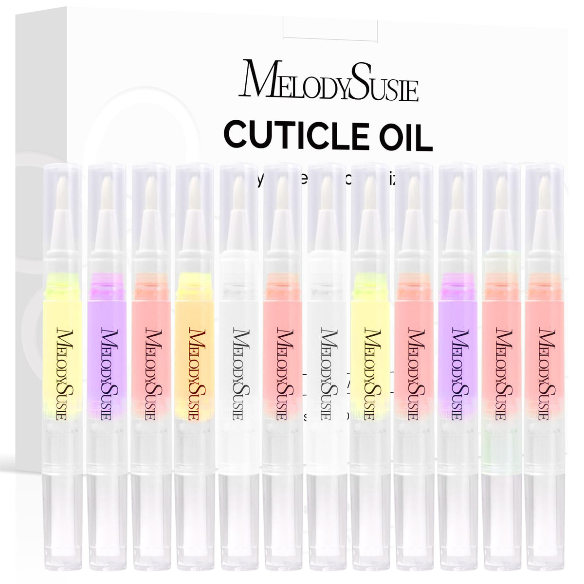 MelodySusie front packaging showing 12 cuticle oil pens for easy selection and travel