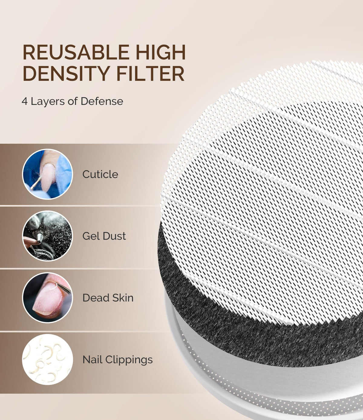 MelodySusie in use during a home manicure, reduces airborne dust and improves comfort