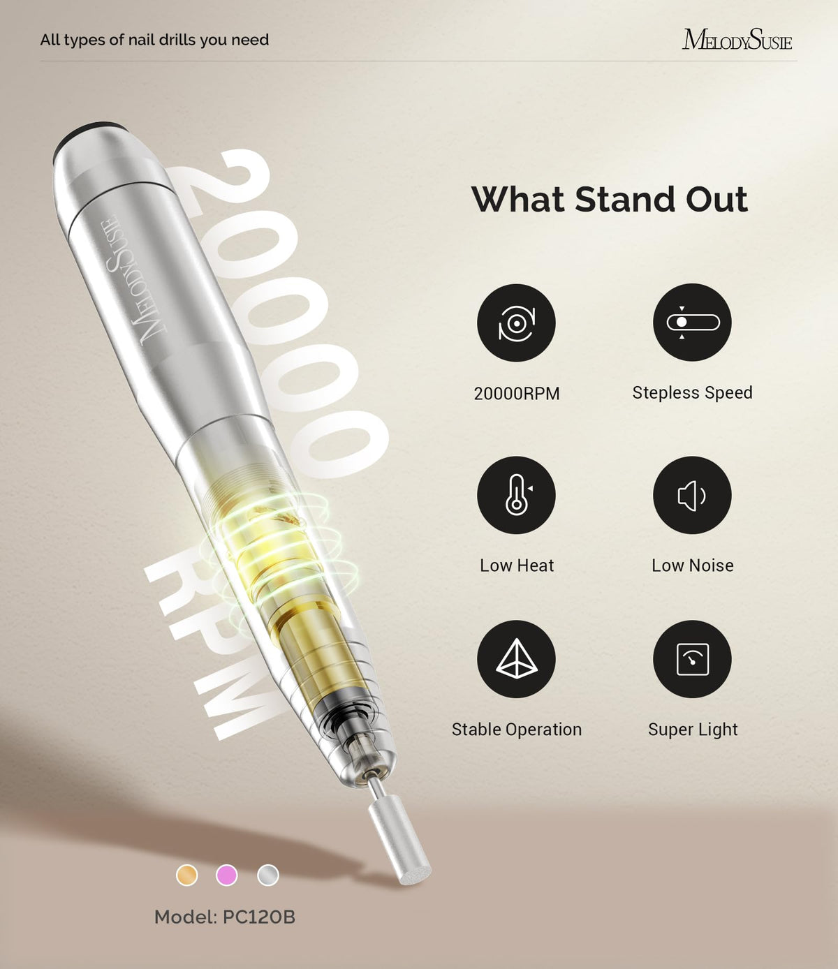 MelodySusie electric file in use for neat at-home manicure results
