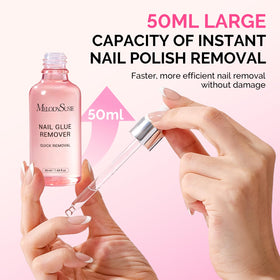 MelodySusie in use removing press-on nail demonstrating quick adhesive dissolution and safety