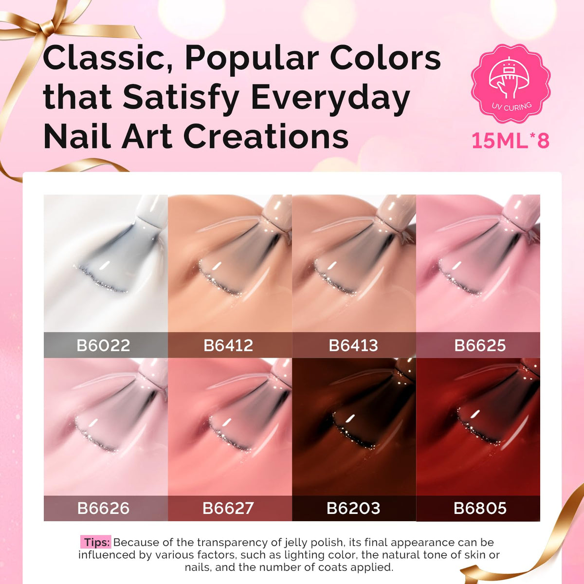 MelodySusie jelly gel polishes lined up showing translucent color layering options