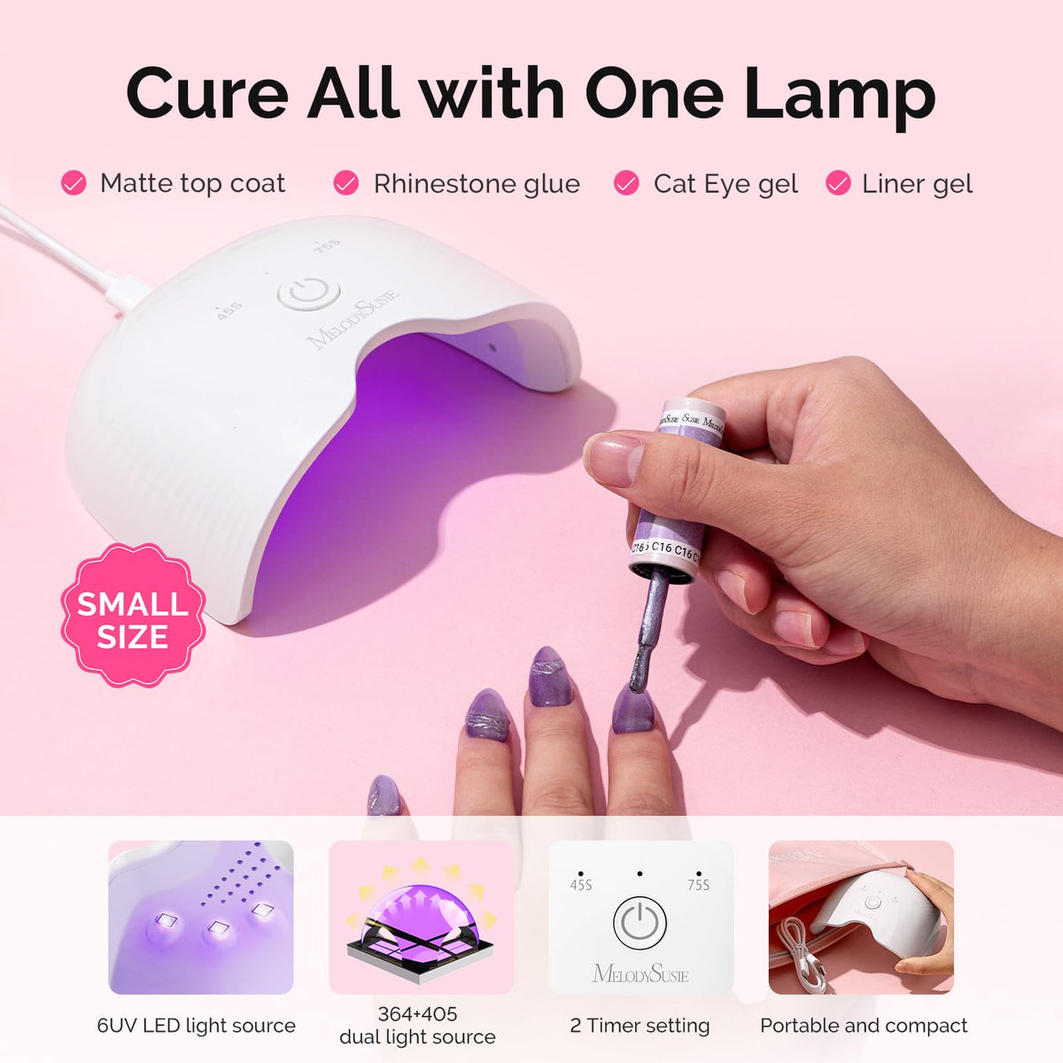 MelodySusie compact UV lamp held in hand for easy travel and quick curing