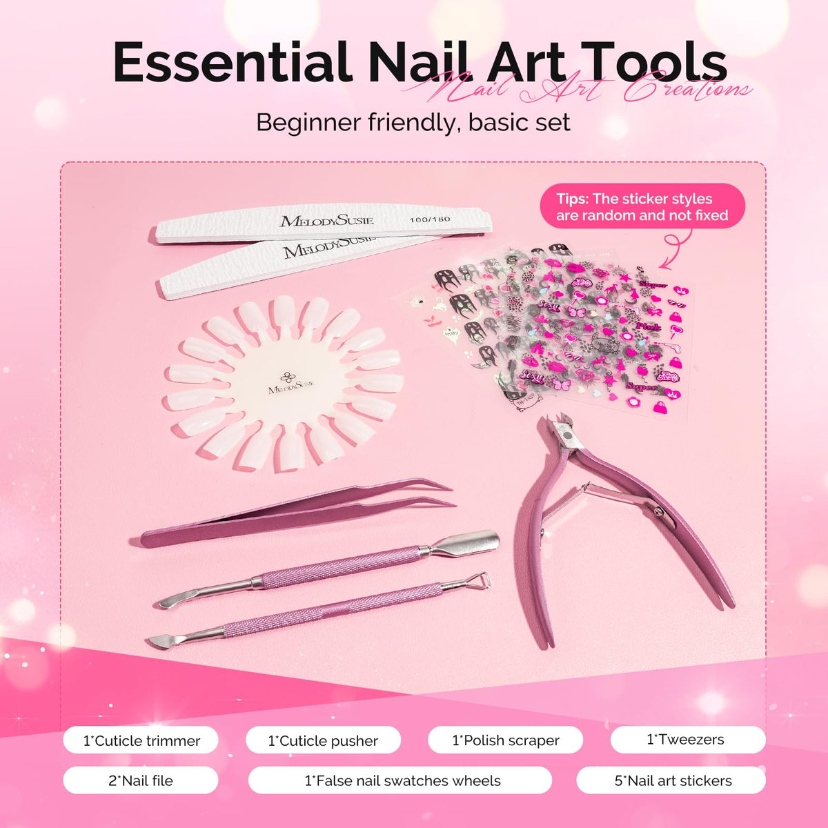 MelodySusie nail tools and random stickers arranged to show creative manicure options