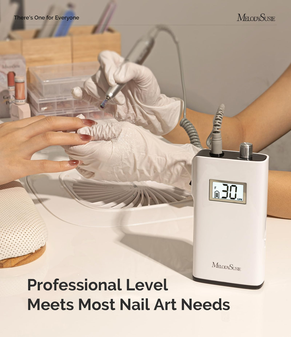 MelodySusie SC320H in use during a manicure showing controlled filing and low vibration benefit