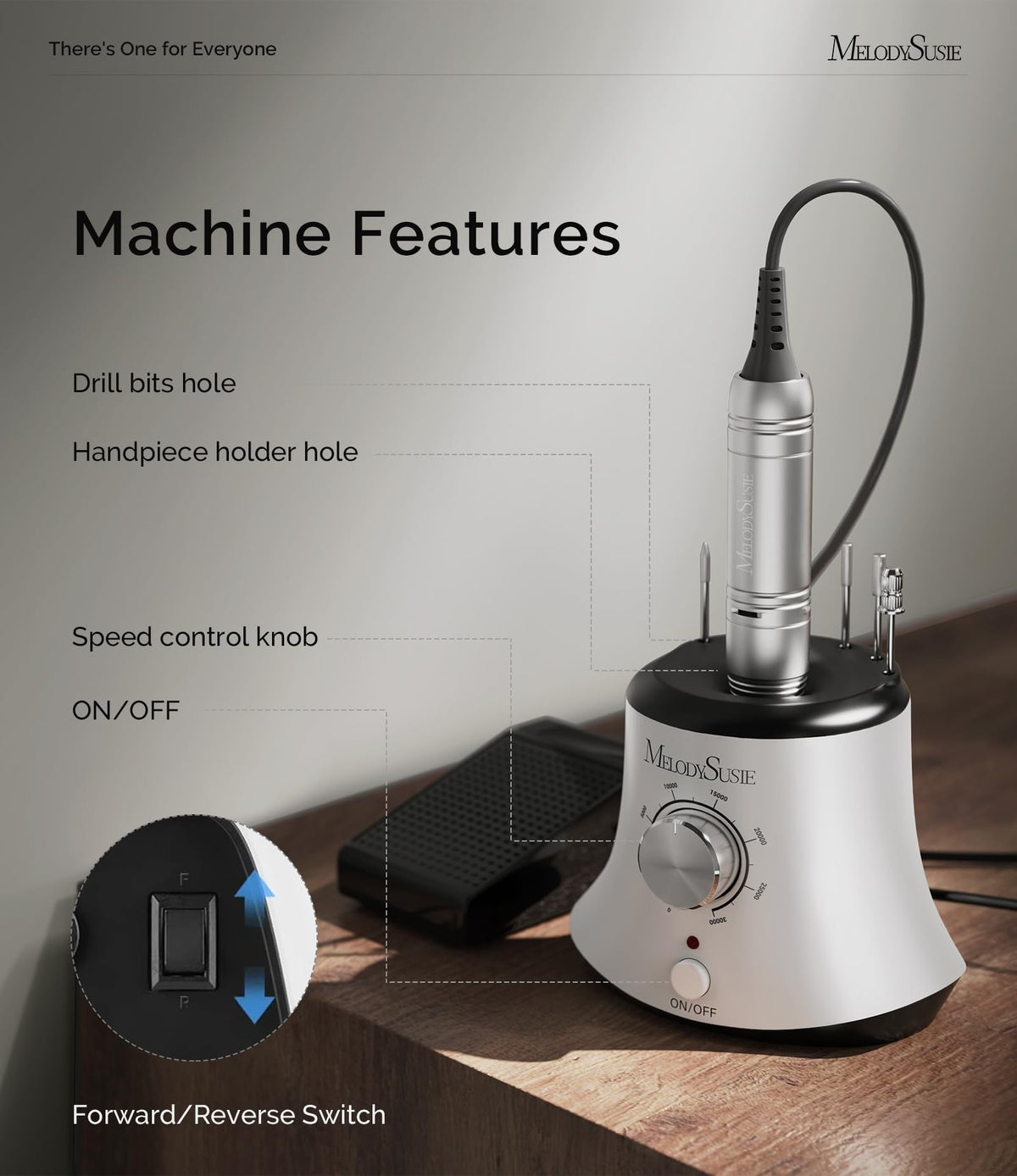 MelodySusie unit beside a hand for scale to show compact desktop footprint