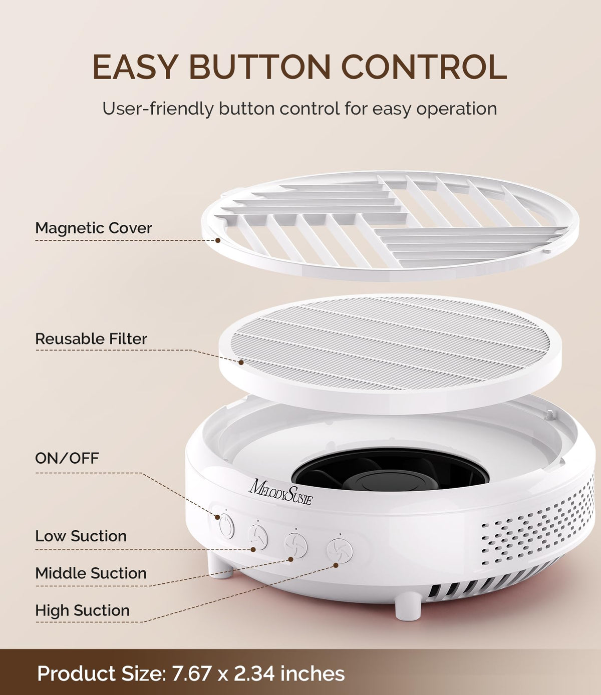MelodySusie size comparison next to a coin highlighting compact portability benefit