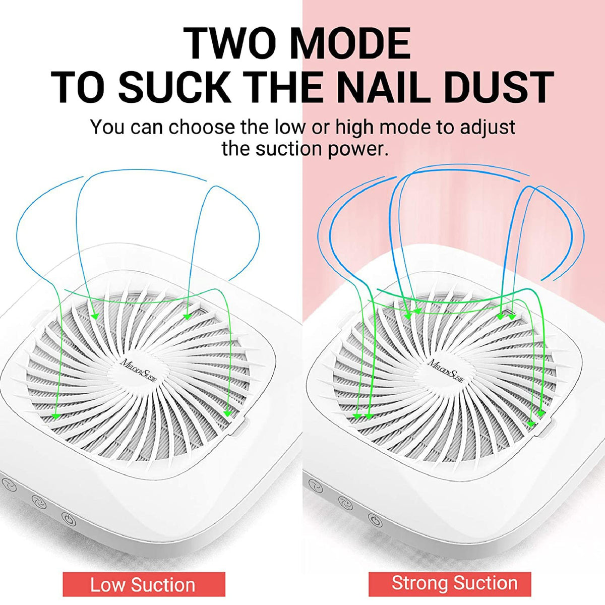 MelodySusie touch control close-up indicating LOW and HIGH suction settings for simple operation