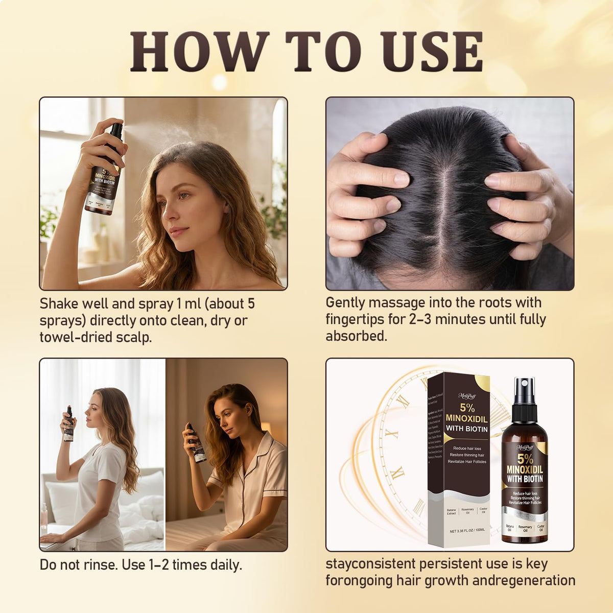 Melopuff ingredient label focused on 5% minoxidil and botanical blend benefits