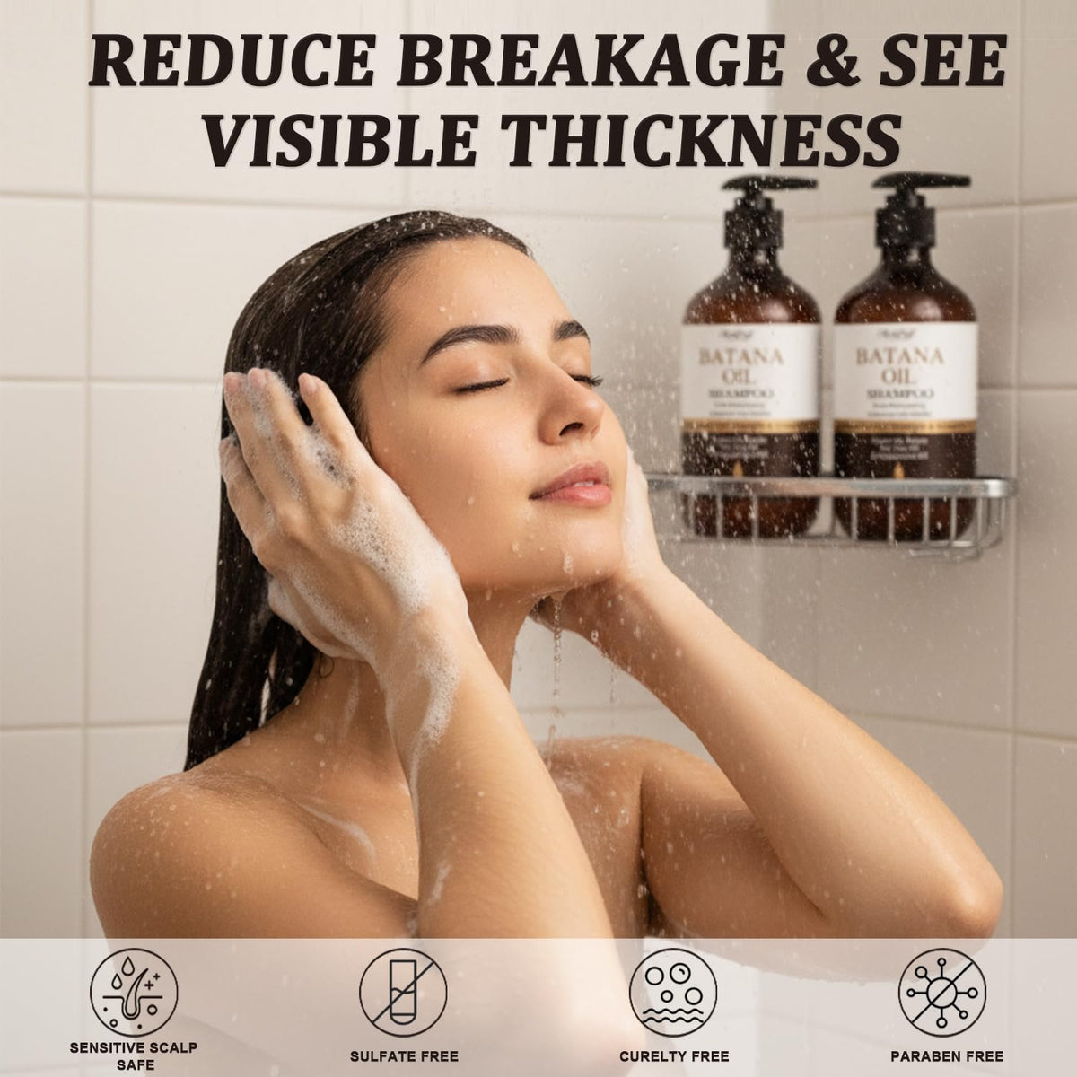 Melopuff product label close-up listing biotin, keratin, tea tree and rosemary benefits
