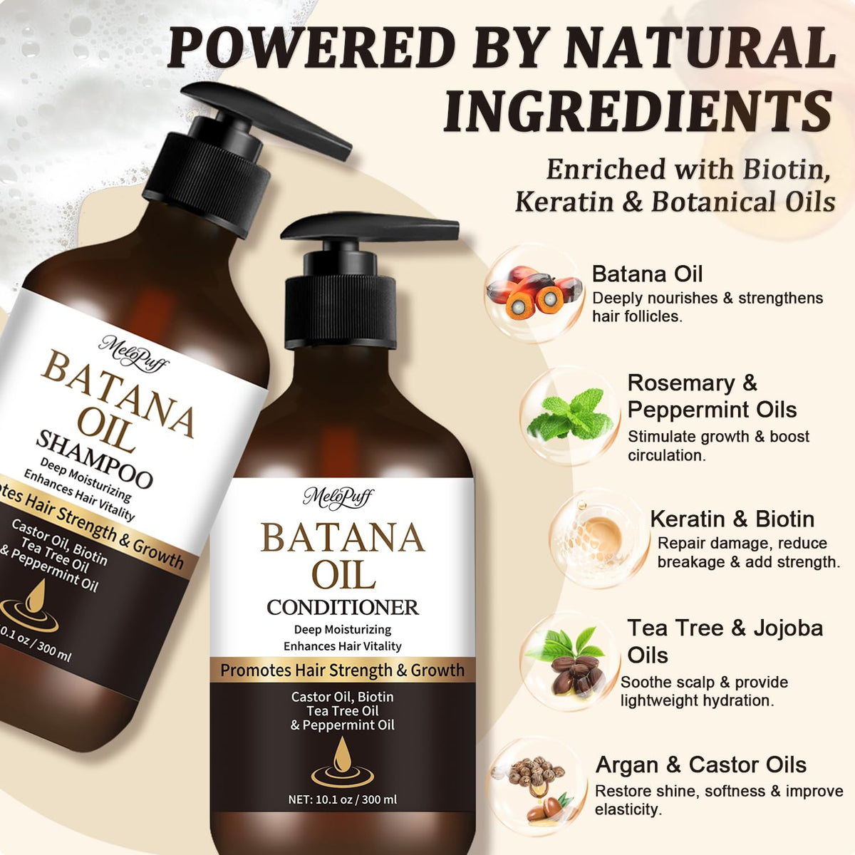 Melopuff natural ingredient display with Batana and castor oil for scalp nourishment