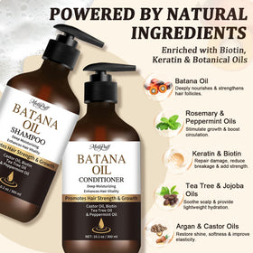 Melopuff natural ingredient display with Batana and castor oil for scalp nourishment