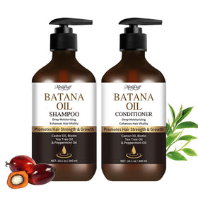 Melopuff front packaging showing the Batana oil shampoo and conditioner, promotes fuller hair