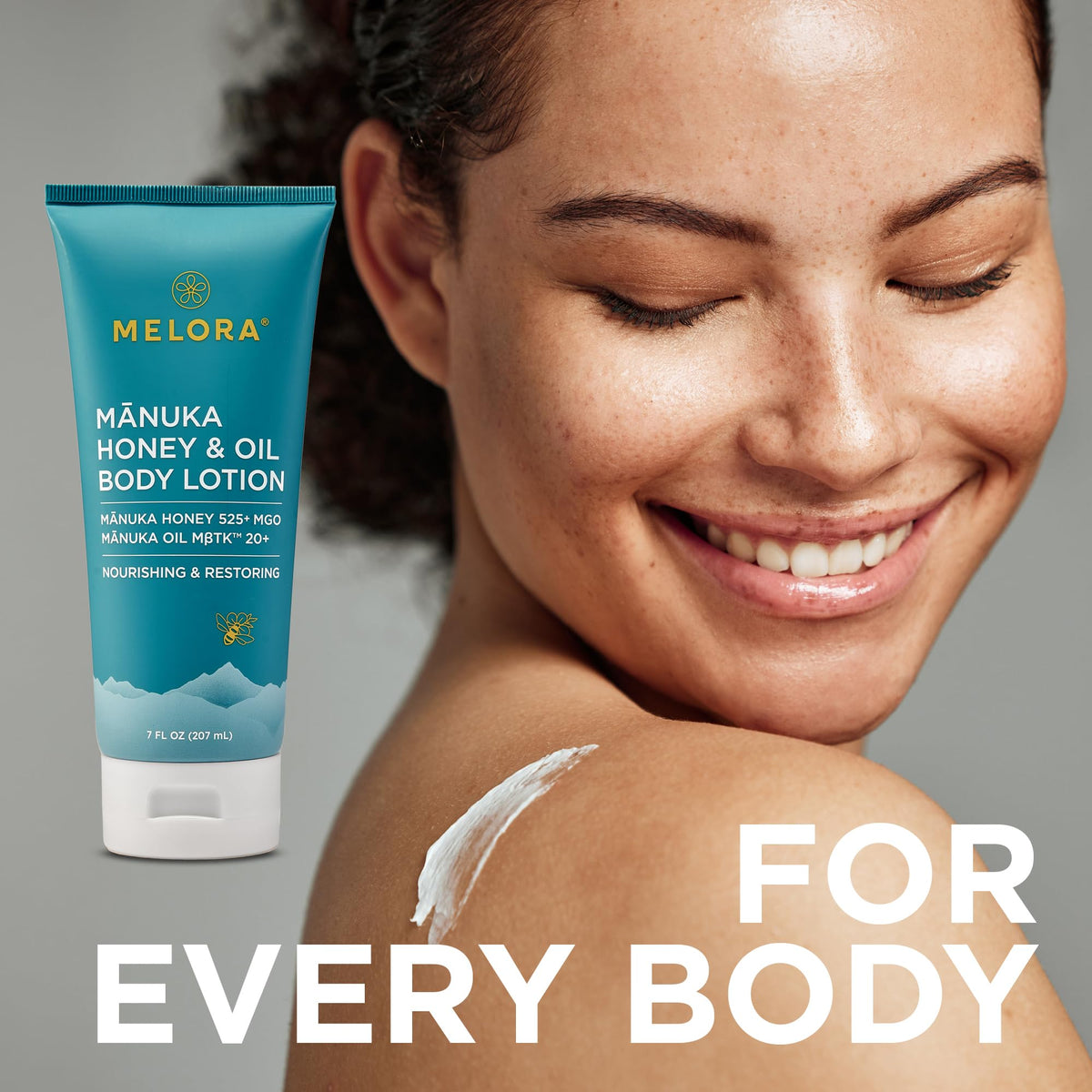 MELORA lotion held in hand for scale conveying the convenient 7oz travel-friendly size