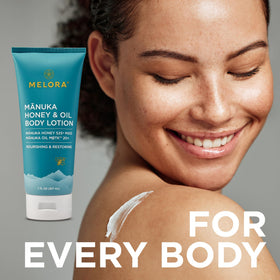 MELORA lotion held in hand for scale conveying the convenient 7oz travel-friendly size