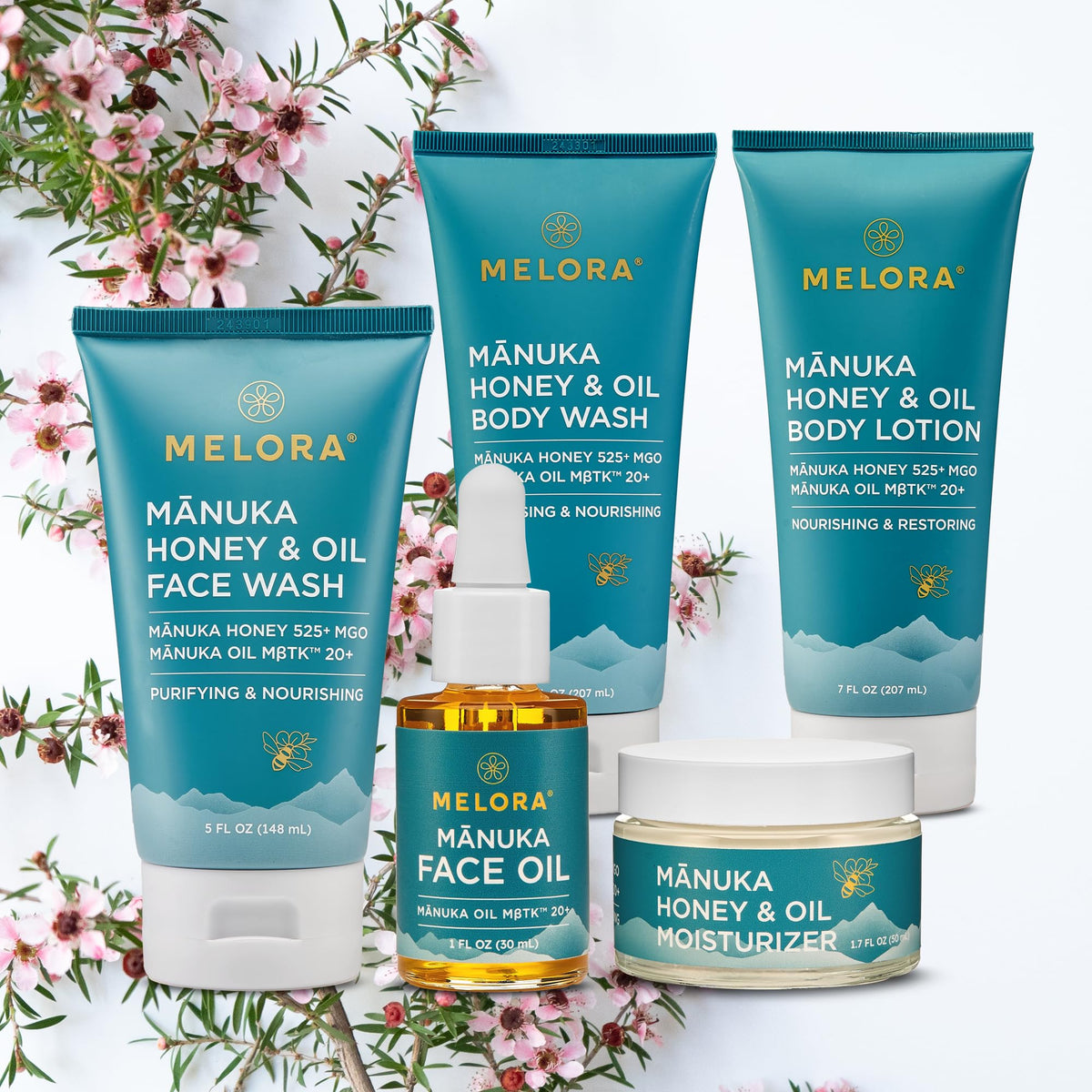 MELORA bottle on bathroom shelf styled lifestyle shot promoting everyday ritual use