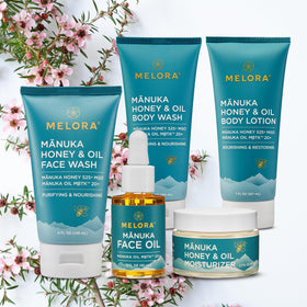 MELORA bottle on bathroom shelf styled lifestyle shot promoting everyday ritual use