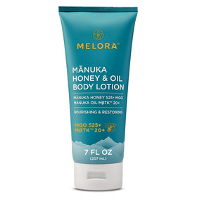 MELORA front packaging of manuka honey body lotion shows brand and 7oz size for daily hydration