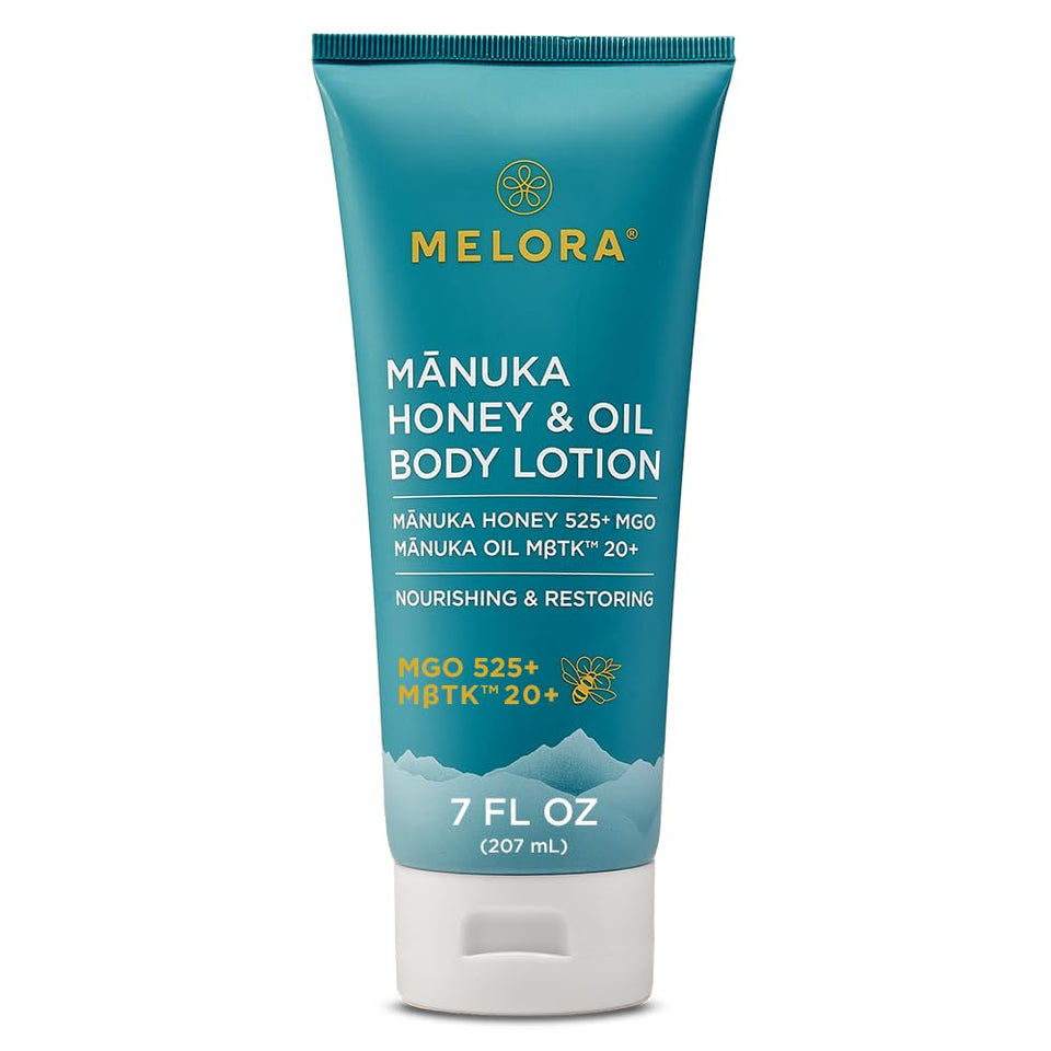MELORA front packaging of manuka honey body lotion shows brand and 7oz size for daily hydration