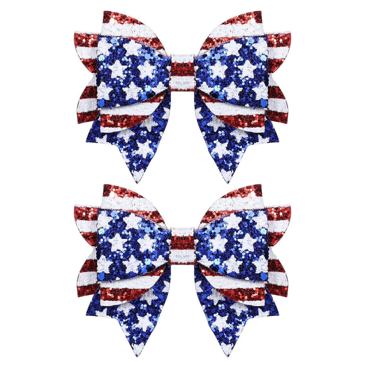 melyde front view of red and blue glitter bow clips showing festive look