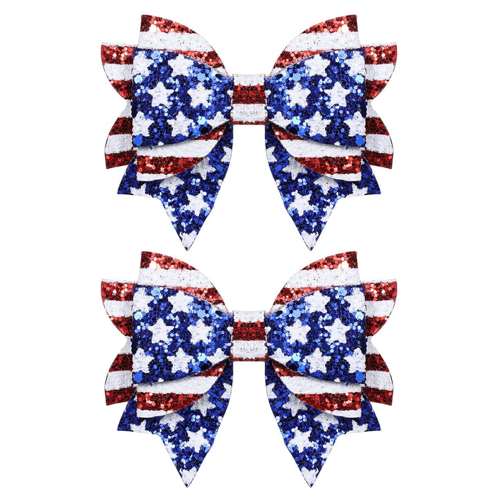 melyde front view of red and blue glitter bow clips showing festive look