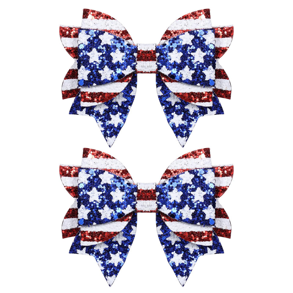 melyde front view of red and blue glitter bow clips showing festive look