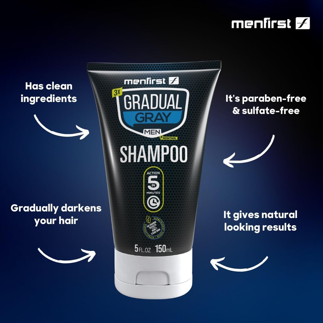 MENFIRST before and after hair strands showing subtle gradual darkening benefit