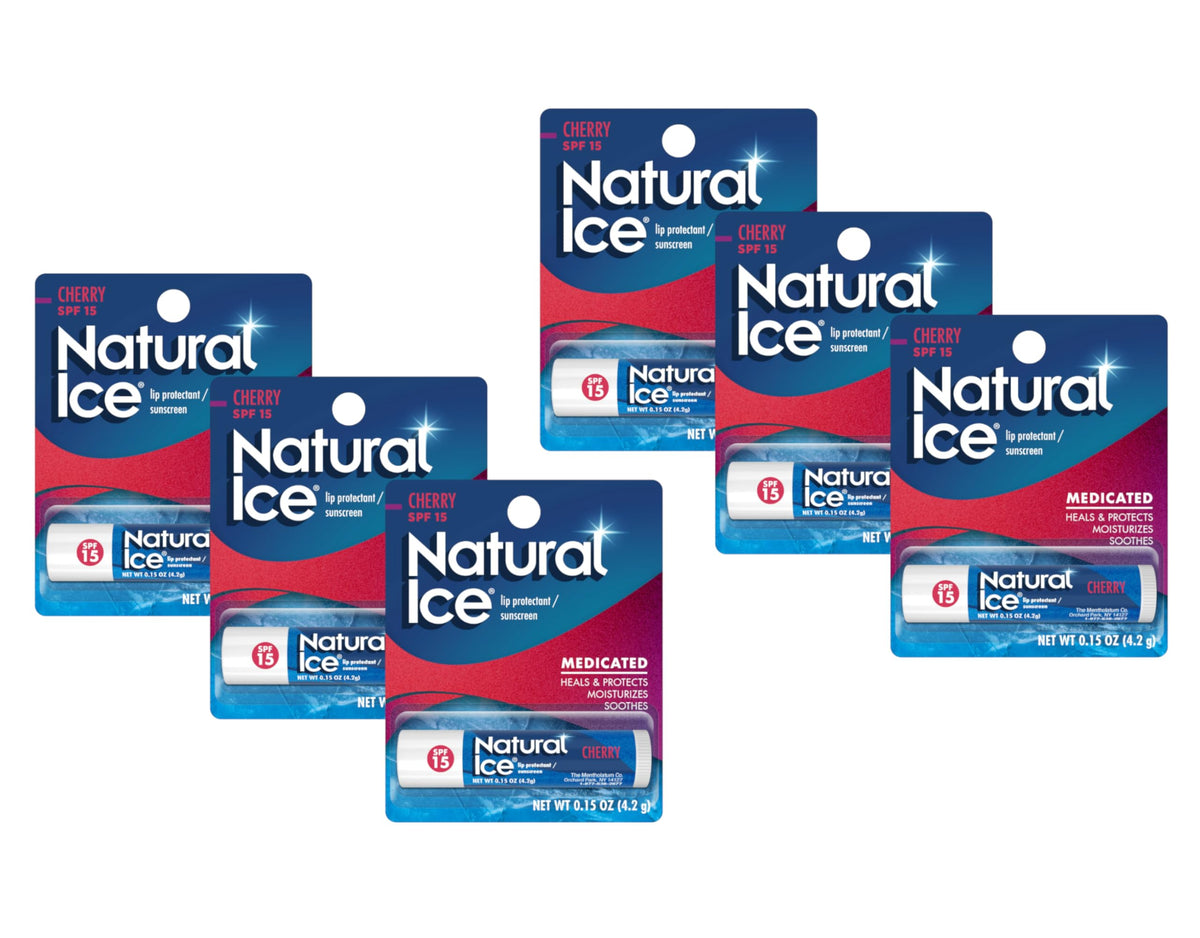 Mentholatum Natural Ice Cherry front pack showing six tubes and benefits