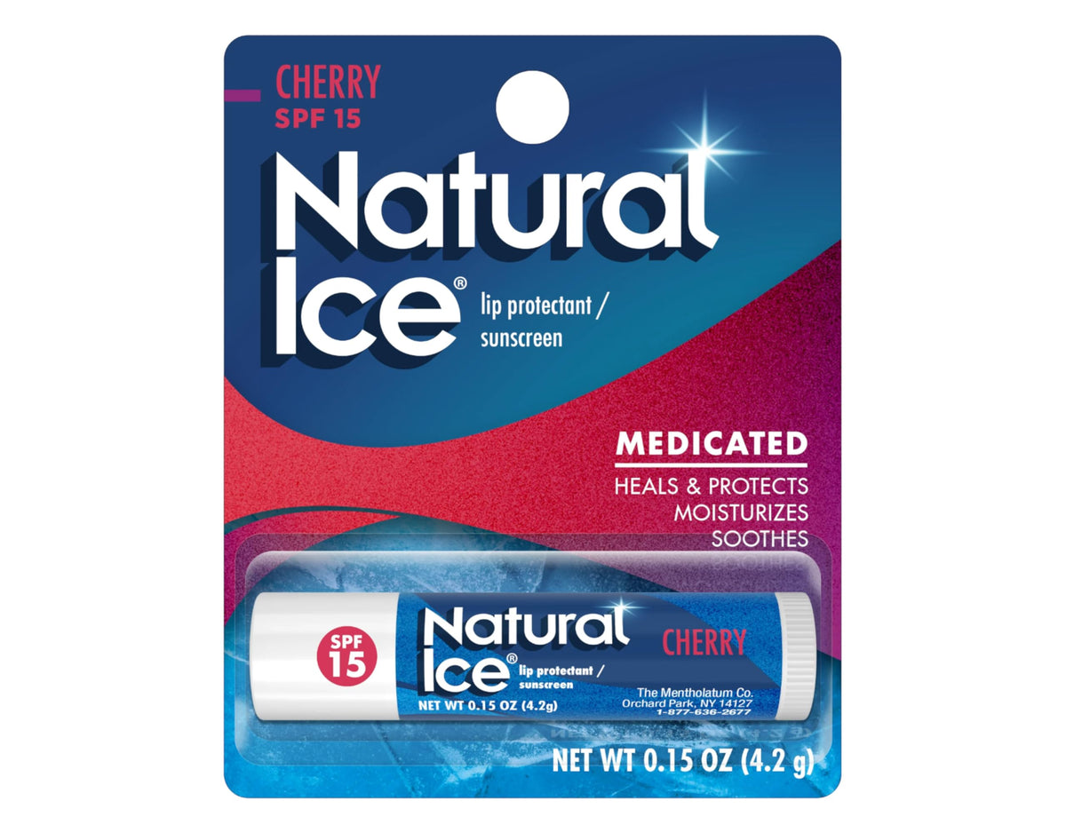 Mentholatum Natural Ice Cherry tube close-up highlighting label and cap